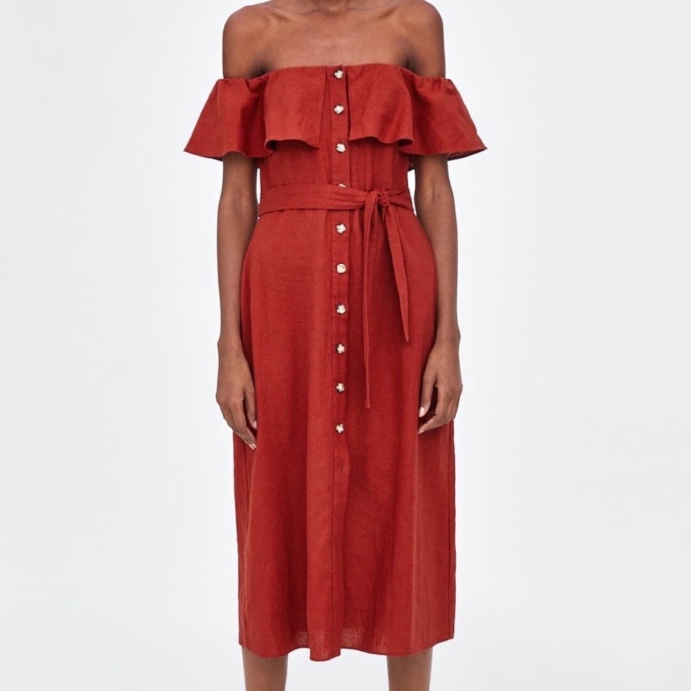 Zara TRF Off the Shoulder Terracotta Linen Dress